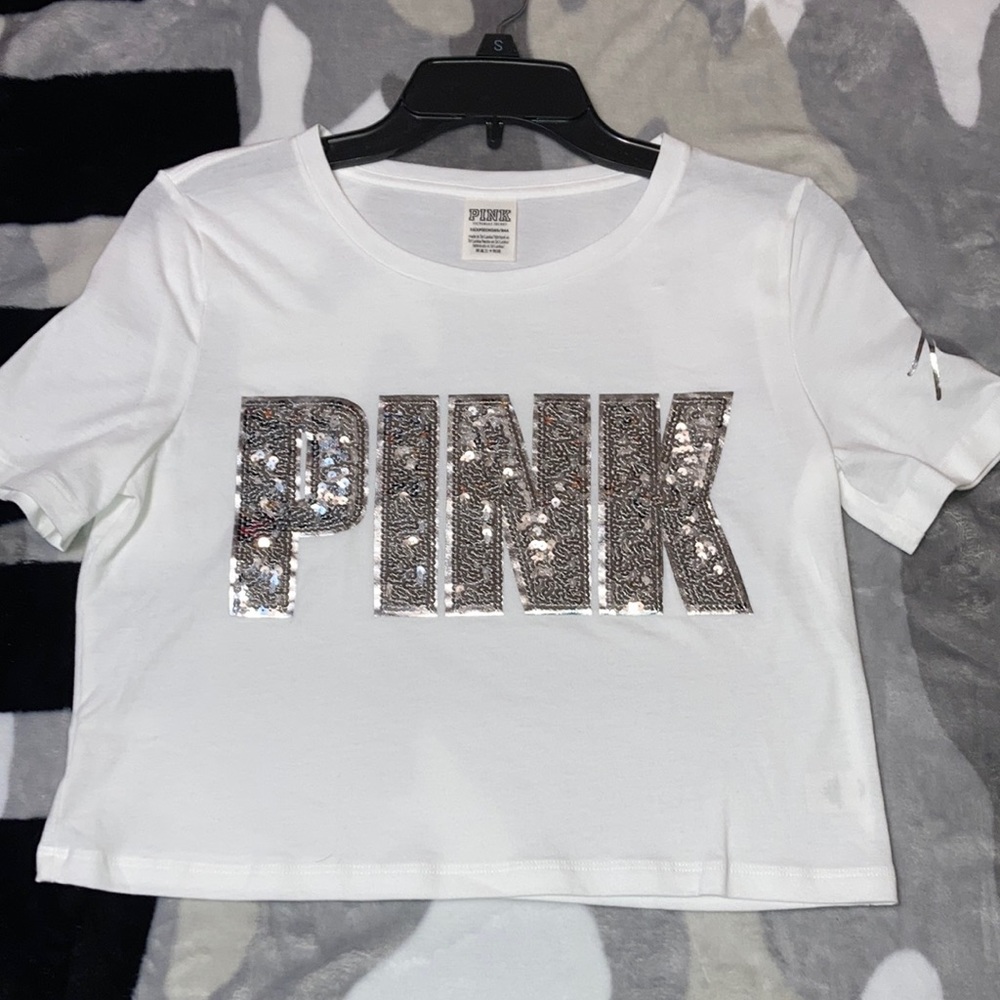 Vs Pink silver sequin crop tee
